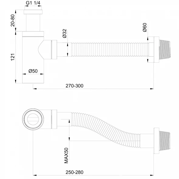 Сифон для раковины Wonzon &amp; Woghand WW-88SS101-MB 1 1/4"-32, черный матовый