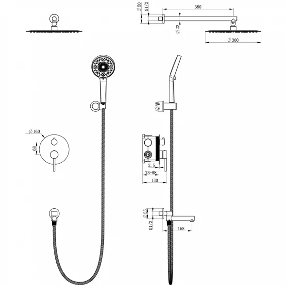 Душевой комплект Wonzon &amp; Woghand Stick WW-88939017-MB 300 мм, со смесителем, черный матовый