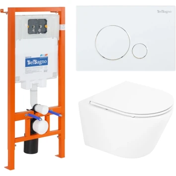 Комплект инсталляция с унитазом BelBagno Sfera BB8001CHR/SC/BB002-80/BB014-SR-BIANCO с кнопкой смыва, белый + унитаз подвесной BelBagno Tre безободковый, с сиденьем микролифт, белый