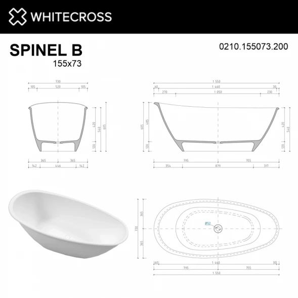 Ванна из литьевого мрамора Whitecross Spinel B 0210.155073.200 155x73 см, отдельностоящая, белый матовый