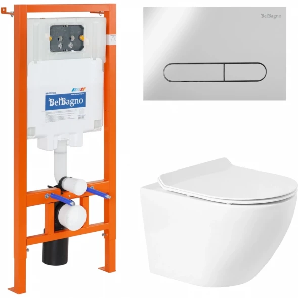 Комплект инсталляция с унитазом BelBagno Prospero BB046CHR/BB2111SC/BB002-80/BB005-PR-CHROME с кнопкой смыва, хром + унитаз подвесной BelBagno Sfera-R безободковый, с сиденьем микролифт, белый
