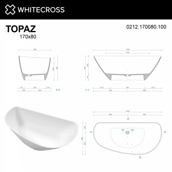 Ванна из литьевого мрамора Whitecross Topaz 0212.170080.200 170x80 см, отдельностоящая, белый матовый