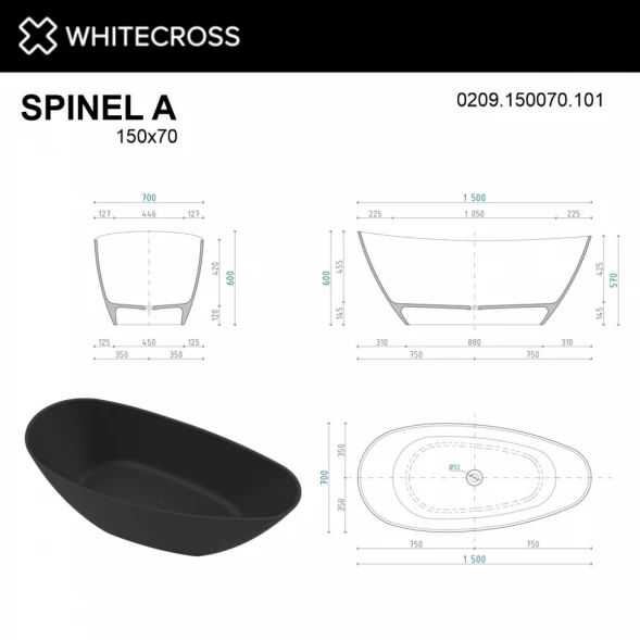 Ванна из литьевого мрамора Whitecross Spinel A 0209.150070.201 150x70 см, отдельностоящая, черный матовый