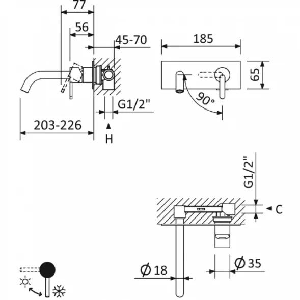 Смеситель для раковины Cezares Leaf LEAF-BLI1-SS CoolStart, встраиваемый, с донным клапаном, бронза
