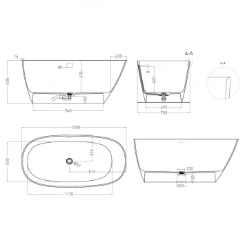 Ванна из литьевого мрамора Salini S-Stone Sofia 102528MF 150x75 см, отдельностоящая, покраска по RAL матовый полностью