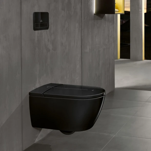 Электронный унитаз-биде подвесной Villeroy &amp; Boch ViClean V0E100S0 безободковый, с сиденьем микролифт, черный глянец