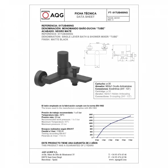 Смеситель для ванны AQG Tube 01TUB417NG с душевым гарнитуром, черный матовый