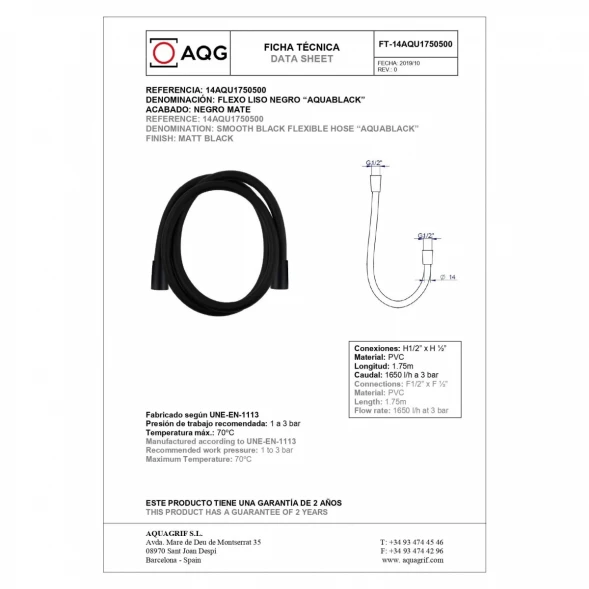 Смеситель для ванны AQG Tube 01TUB417NG с душевым гарнитуром, черный матовый