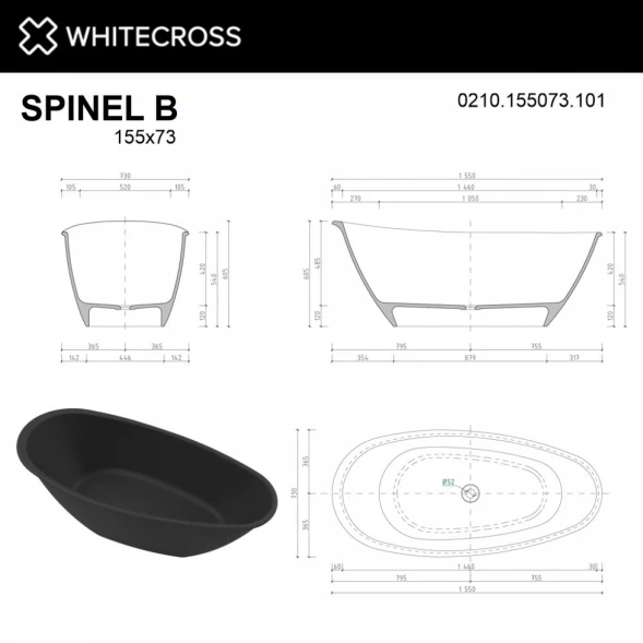 Ванна из литьевого мрамора Whitecross Spinel B 0210.155073.20100 155x73 см, отдельностоящая, белый матовый/черный матовый