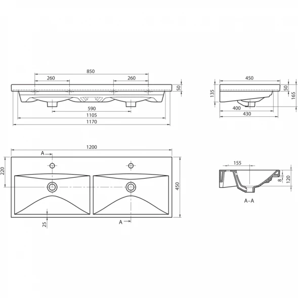 Раковина 120x45 см BelBagno Marino BB-0325-120-2-LVB