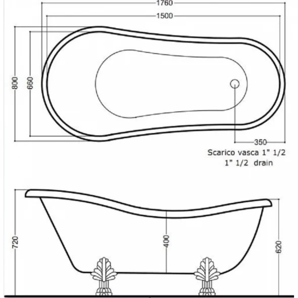 Ванна из литьевого мрамора Tiffany World TW176bi/oro 176x80 см, отдельностоящая, белый