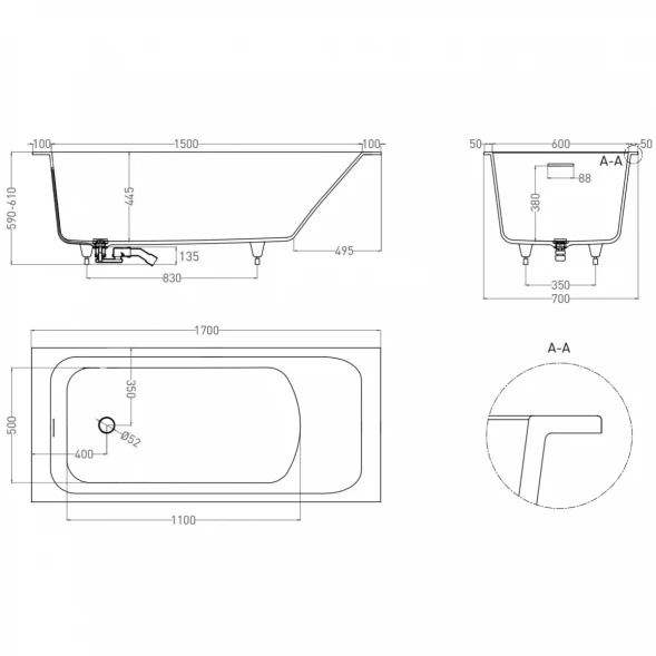 Ванна из литьевого мрамора Salini S-Sense Orlanda Kit 102111M 170x70 см, белый матовый