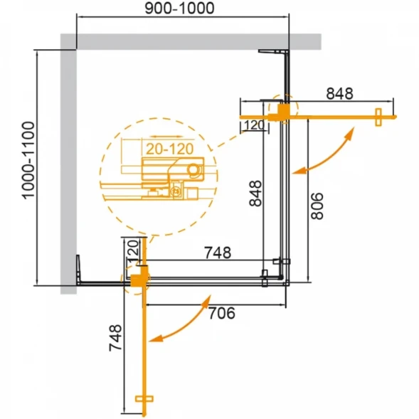 Душевой уголок Cezares Slider SLIDER-AH-2-90/100-100/110-BR-GM 100-110x90-100 см, профиль оружейная сталь матовый, стекло бронза