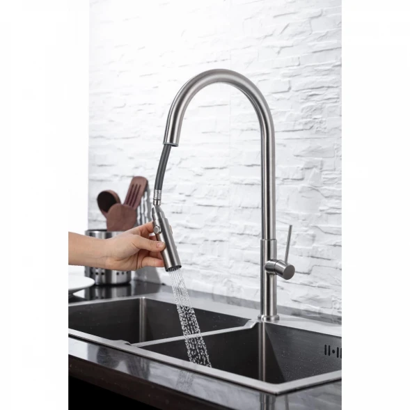 Смеситель для кухни Allen Brau Sprungfeder 5.60002-SS с выдвижным изливом, нержавеющая сталь
