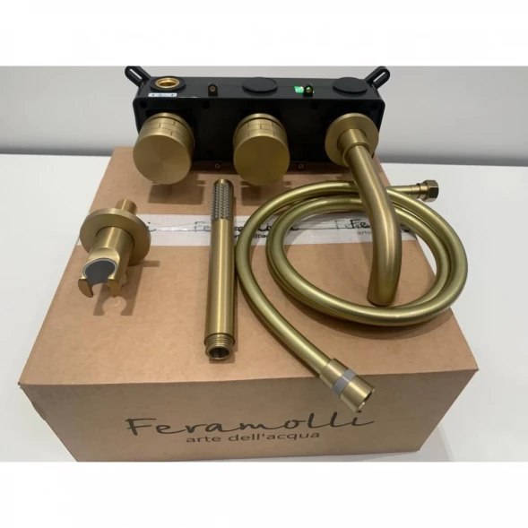 Смеситель для ванны Feramolli Amos GL288 CoolStart, встраиваемый, с душевым гарнитуром, Золото матовый