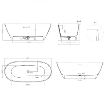 Ванна из литьевого мрамора Salini S-Stone Sofia 102521MF 164,5x75,5 см, отдельностоящая, покраска по RAL матовый полностью