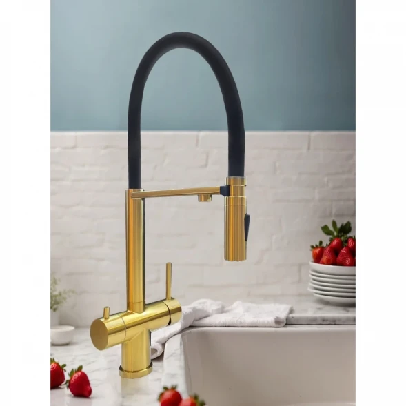 Смеситель для кухни AltroBagno Flusso AltroBagnoFlusso050202BG с подключением к фильтру, гибким изливом, Золото матовый