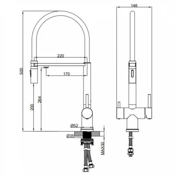 Смеситель для кухни AltroBagno Flusso AltroBagnoFlusso050202BG с подключением к фильтру, гибким изливом, Золото матовый