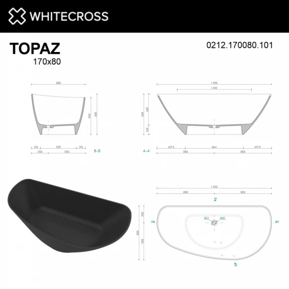 Ванна из литьевого мрамора Whitecross Topaz 0212.170080.101 170x80 см, отдельностоящая, черный глянец