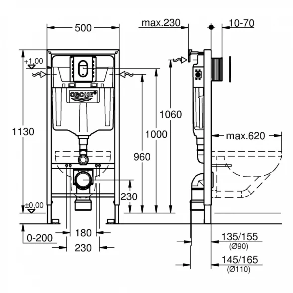 Инсталляция для унитаза Grohe Rapid SL 39504000 с кнопкой смыва, хром