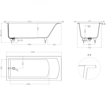 Ванна из литьевого мрамора Salini S-Sense Cascata Kit 104313MF 169,8x75 см, покраска по RAL матовый полностью