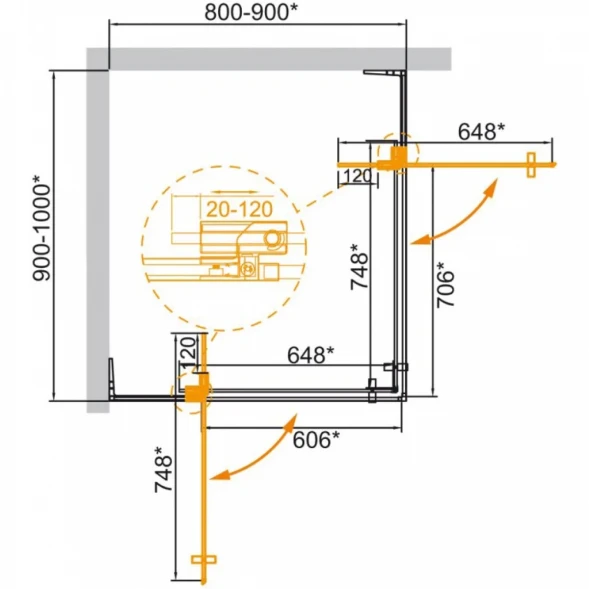 Душевой уголок Cezares Slider SLIDER-AH-2-80/90-90/100-BR-BORO 90-100x80-90 см, профиль золотой матовый, стекло бронза