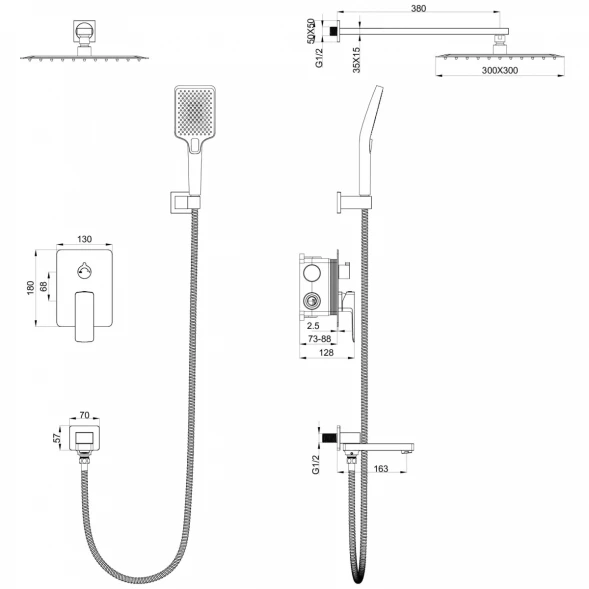 Душевой комплект Wonzon &amp; Woghand Edge WW-88939003-MB 300 мм, со смесителем, черный матовый