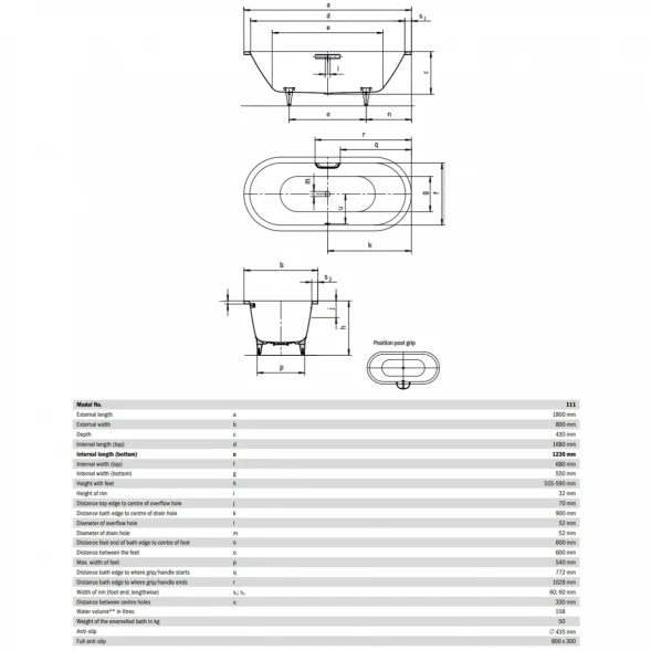 Ванна стальная Kaldewei Classic Duo Oval 111 291200013001 180x80 см, с водоотталкивающим покрытием, альпийский белый