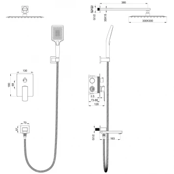 Душевой комплект Wonzon &amp; Woghand Edge WW-88939003-BGM 300 мм, со смесителем, темный графит матовый