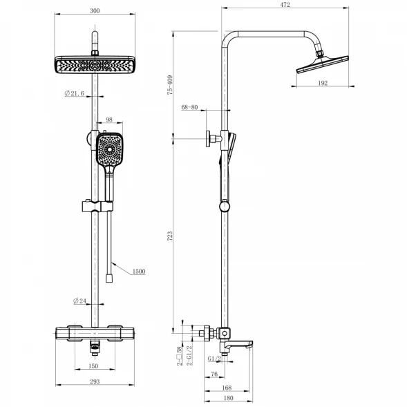 Душевая система Wonzon &amp; Woghand Stay 2 WW-B3016-T1-MB 300x192 мм, с термостатом, черный матовый