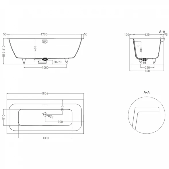 Ванна из литьевого мрамора Salini S-Sense Orlanda Axis Kit 103312M 180,4x80 см, белый матовый