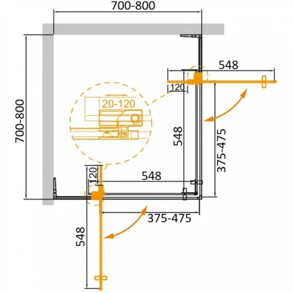 Душевой уголок Cezares Slider SLIDER-A-2-70/80-GRIGIO-GM 70-80x70-80 см, профиль оружейная сталь матовый, стекло графитовое