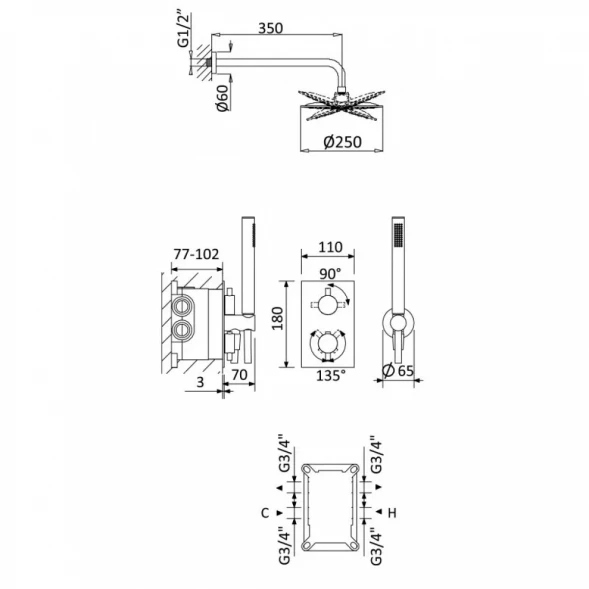 Душевой комплект 250 мм Cezares Leaf LEAF-DSIP-T-25-01
