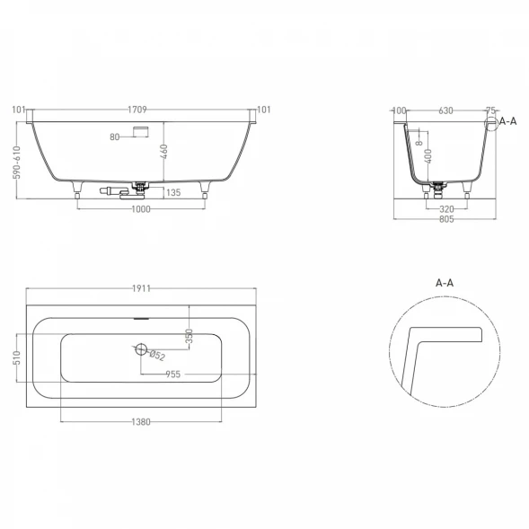 Ванна из литьевого мрамора Salini S-Sense Orlanda Axis Kit 103311G 191,1x80,5 см, белый глянец