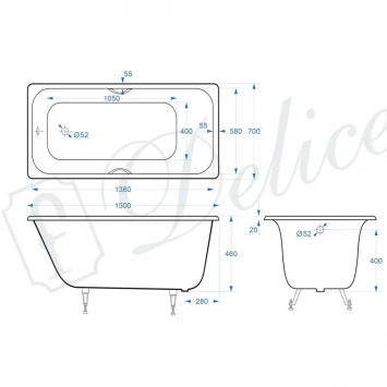 Ванна чугунная Delice Continental Plus DLR230633R 150x70 см, с отверстиями под ручки, белый