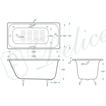 Ванна чугунная Delice Continental Plus DLR230633R-AS 150x70 см, с отверстиями под ручки, антискользящим покрытием, белый