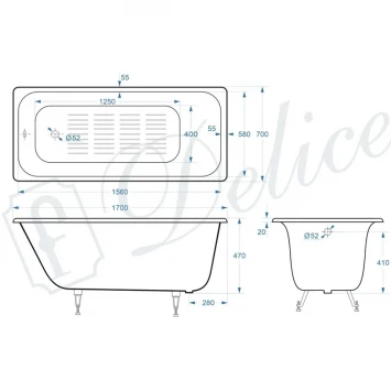 Ванна чугунная Delice Continental Plus DLR230634-AS 170x70 см, с антискользящим покрытием, белый