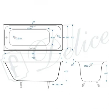 Ванна чугунная Delice Continental Plus DLR230634R 170x70 см, с отверстиями под ручки, белый