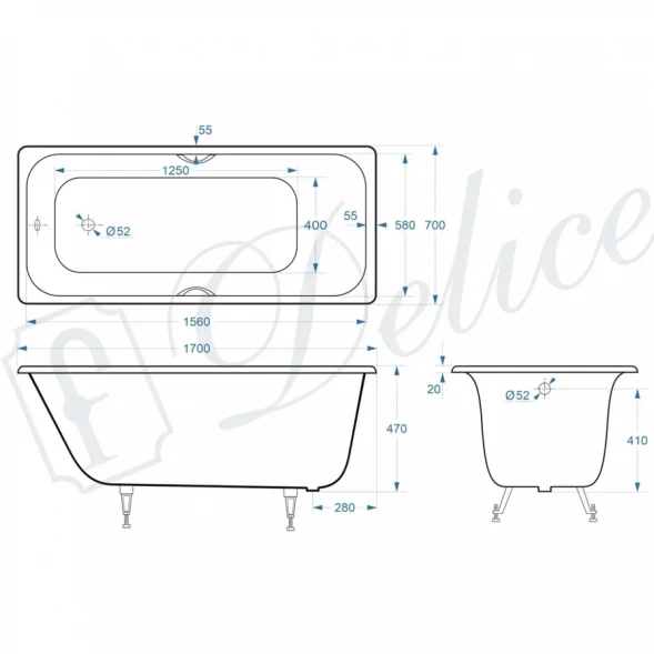 Ванна чугунная Delice Continental Plus DLR230634R 170x70 см, с отверстиями под ручки, белый