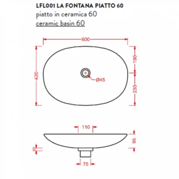 Раковина чаша 60x42 см Artceram La Fontana LFL0010100