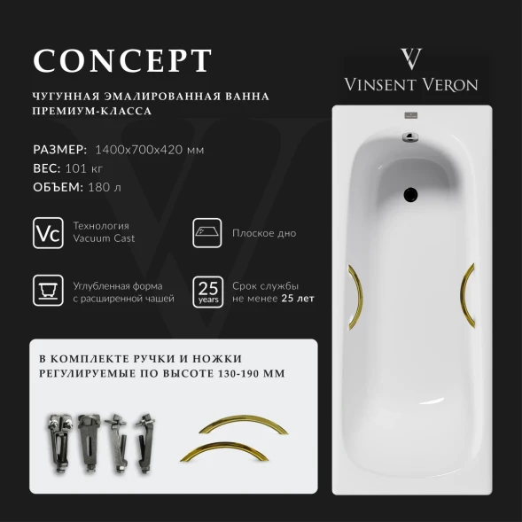 Ванна чугунная Vinsent Veron Concept VCO1407042H/VH0015GD 140x70 см, с ручками, белый