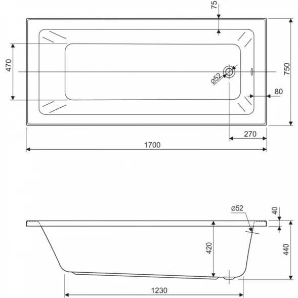 Акриловая ванна 170x75 см Cezares Plane solo mini PLANE SOLO MINI-170-75-42-W37