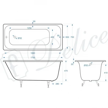 Ванна чугунная Delice Continental Plus DLR230635 170x75 см, белый