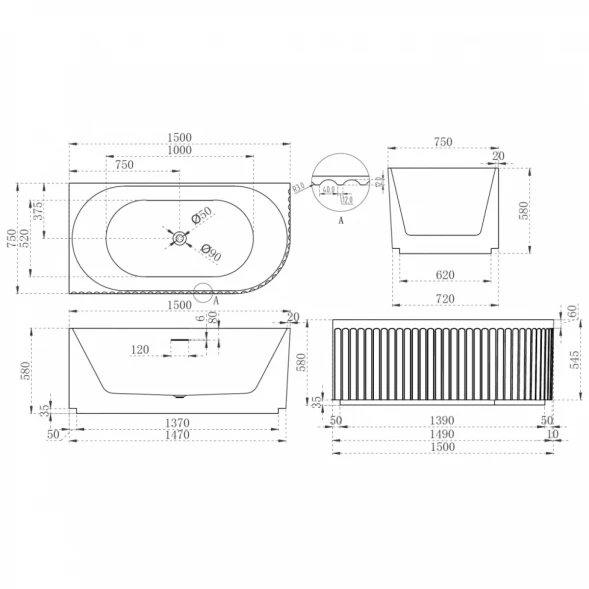 Акриловая ванна 150x75 см L Abber AB9412-1.5 L