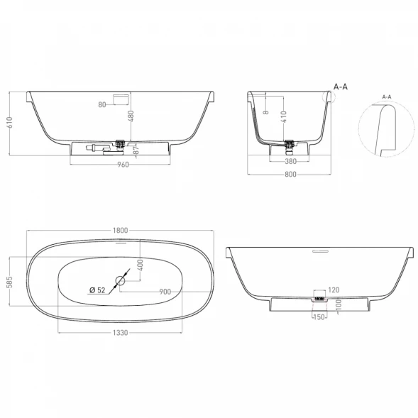 Ванна из литьевого мрамора Salini S-Stone Greca 103121M 180x80 см, отдельностоящая, белый матовый