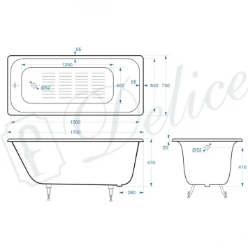 Ванна чугунная Delice Continental Plus DLR230635-AS 170x75 см, с антискользящим покрытием, белый