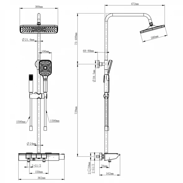 Душевая система Wonzon &amp; Woghand Muse Lumia WW-B4174-MW 300x200 мм, с термостатом, белый матовый