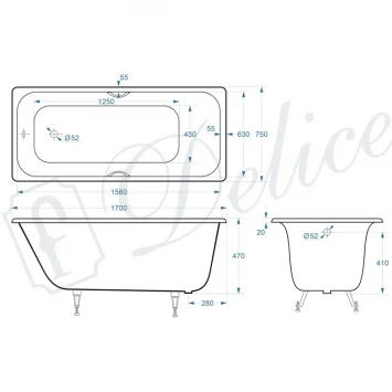 Ванна чугунная Delice Continental Plus DLR230635R 170x75 см, с отверстиями под ручки, белый