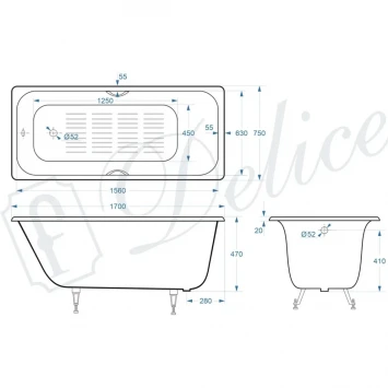 Ванна чугунная Delice Continental Plus DLR230635R-AS 170x75 см, с отверстиями под ручки, антискользящим покрытием, белый