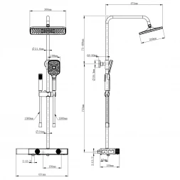 Душевая система Wonzon & Woghand Shelf WW-B4161-MB 300x200 мм, с термостатом, черный матовый